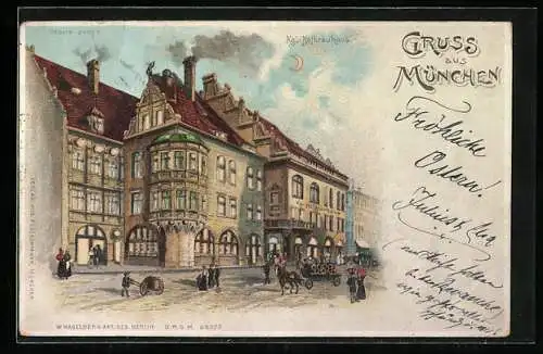 Lithographie Ansicht des Münchner Hofbräuhauses