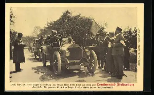 AK Der Sieger Herr Edgar Ladenburg auf Benz, Herkomer-Konkurrenz 1907, Reklame für Continental-Gleitschutz