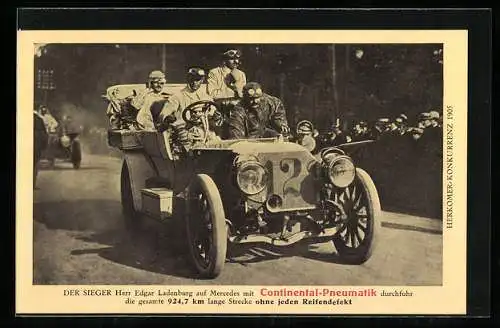 AK Der Sieger Herr Edgar Laenburg auf Mercedes, Herkomer Konkurrenz 1905, Reklame für Continental-Pneumatik