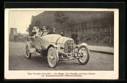 AK Prinz Heinrich-Fahrt 1910, Der Sieger, Herr Porsche, auf österr. Daimler mit Continental-Gleitschutz