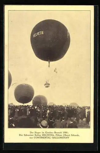 AK Die Sieger im Gordon-Bennett 1908, Schweizer Ballon Helvetia, aus Continental-Ballon-Stoff, Führer Oberst Schaeck