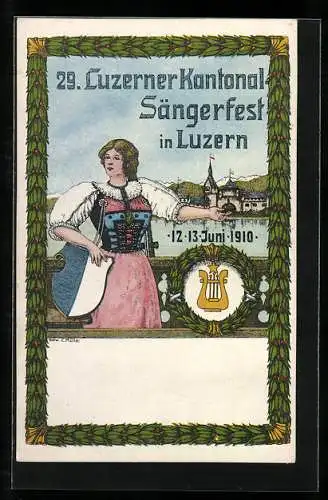 AK Luzern, 29. Luzerner Kantonal Sängerfest 1910, Frau in Tracht mit Wappen zeigt auf den Ort