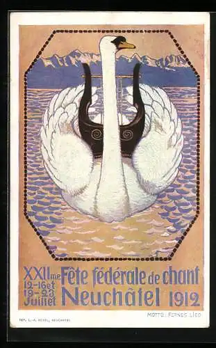 AK Neuchatel, Sängerfest 1912, Schwan auf dem See