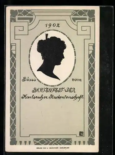 Künstler-AK Karlsruhe, Gartenfest der Karlsruher Studentenschaft 1902, Frauensilhouette im Profil