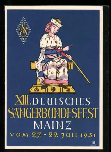 Künstler-AK Mainz, 13. Deutsches Sängerbundesfest 1951, Ganzsache Deutsche Post 10 Pfennig