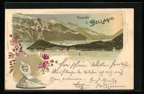 Lithographie Bellagio, Panorama und Figurengruppe