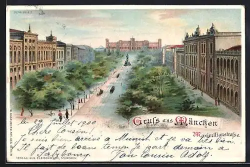 Lithographie München, Maximilianstrasse, mit leuchtendem Mond