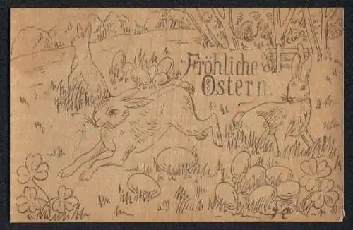 Holz-AK Hasen auf der Wiese mit Ostereiern, Osterkarte