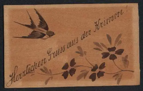 Holz-AK Blumenstrauch und fliegende Schwalbe