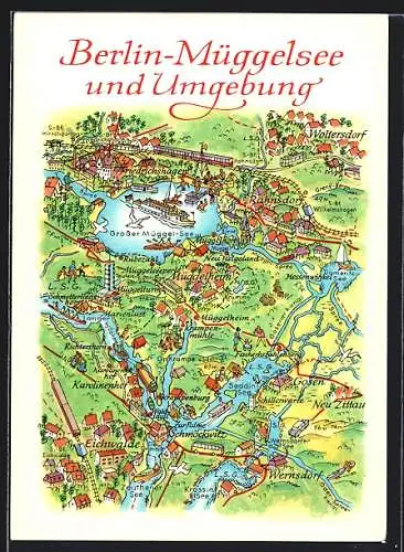 AK Berlin-Köpenick, Müggelsee, Landkarte der Umgebung