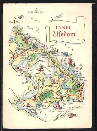 AK Usedom, Landkarte des Orts und Umgebung