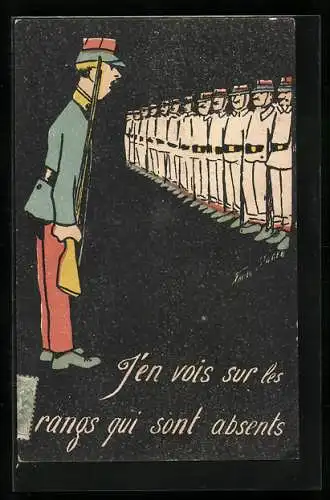 Künstler-AK Xavier Sager: Offizier tadelt seine Soldaten, J`en vois sur les rangs qui sont absents