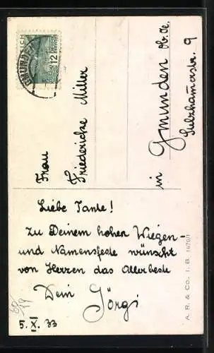 Künstler-AK George Ernest Studdy: Bonzo mit Zigarre u. Golfschlägern, Geburtstagsgruss