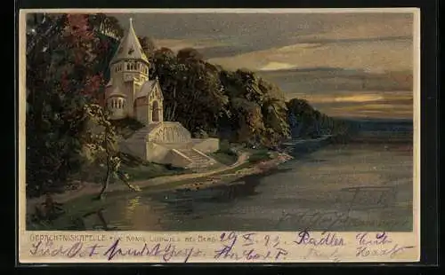 Künstler-AK Zeno Diemer: Berg, Gedächtniskapelle für König Ludwig II. an einem Herbstabend