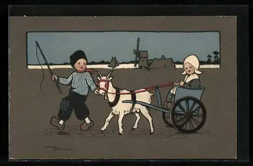 Künstler-AK Ethel Parkinson: Holländisches Pärchen mit Ziegengespann, Im Hintergrund Windmühle