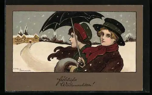 Künstler-Lithographie Ethel Parkinson: junges Paar im Schnee mit Regenschirm