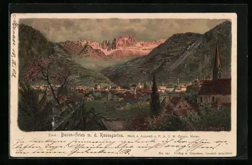 Künstler-Lithographie F.A.C.M. Reisch: Bozen-Gries, Totale mit Rosengarten