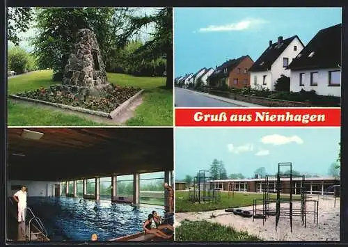 AK Nienhagen / Celle, Denkmal, Strassenpartie, Hallenbad, Spielplatz