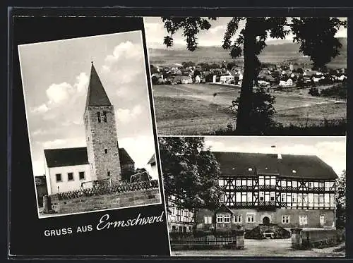 AK Ermschwerd, Teilansicht, Kirche, Fachwerkhaus