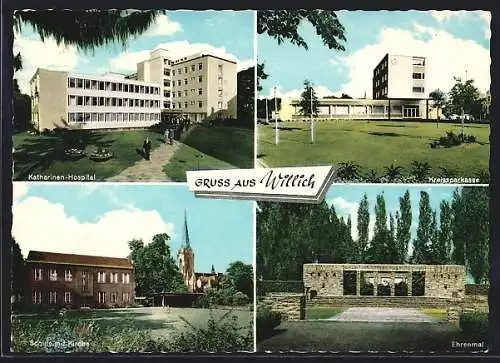 AK Willich, Kreissparkasse, Katharinen-Hospital, Schule mit Kirche