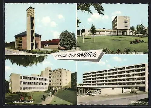 AK Willich, Mühlenfeld mit Geschäft, Kreissparkasse, Katharinen-Hospital