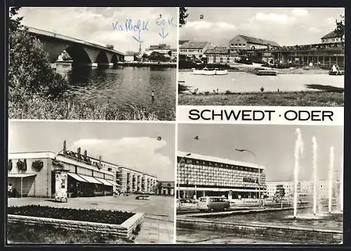 AK Schwedt /Oder, Kaufhaus Centrum, Kaufhalle am Centra am Centravorplatz, Kaufhalle Marchlewskiring