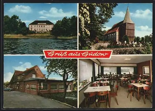 AK Gudow, Gasthaus Seeblick, Innenansicht, Kirche