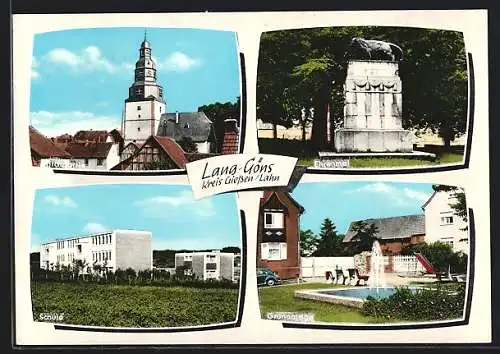 AK Lang-Göns / Lahn, Ehrenmal, Schule, Kirche