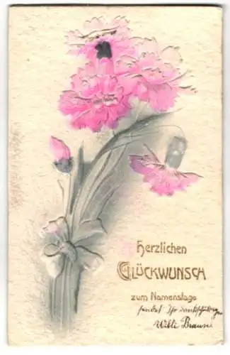Relief-AK Rosafarbene Nelken mit Glückwunsch zum Namenstag