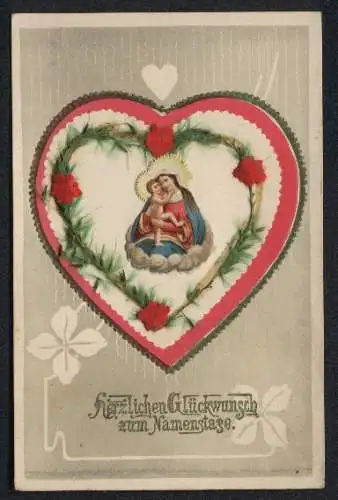 Oblaten-AK Geburtstagskarte, Maria und Jesuskind aufgeklebt mit einem Herzrahmen