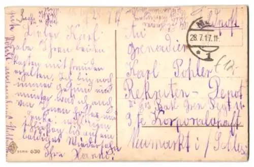 Glitzer-Perl-AK Schriftzug Gedenke mein mit Vergissmeinnicht und Glitzer-Perlen