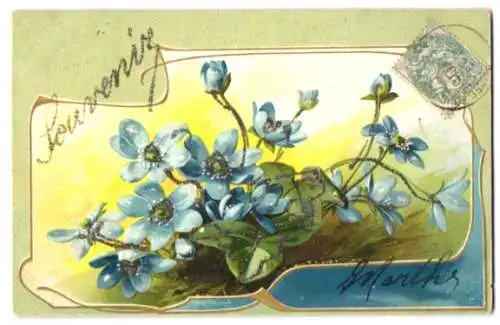 Glitzer-Perl-AK Kleeblätter mit blauen Blumen und mit Glitzer-Perlen