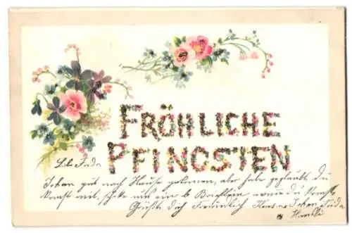 Glitzer-Perl-AK Pfingstgruss mit Rosen, Vergissmeinnicht und Glitzer-Perlen