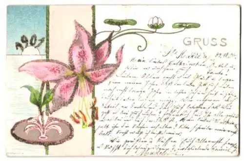 Glitzer-Perl-AK Blühende Lilie und Seerose mit Glitzer-Perlen