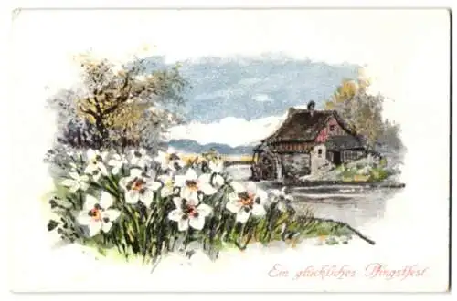 Glitzer-Perl-AK Blühende Narzissen an einer Wassermühle mit Glitzer-Perlen