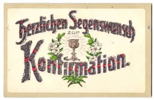 Glitzer-Perl-AK Schriftzug Segenswunsch zur Konfirmation aus Veilchen mit Glitzer-Perlen