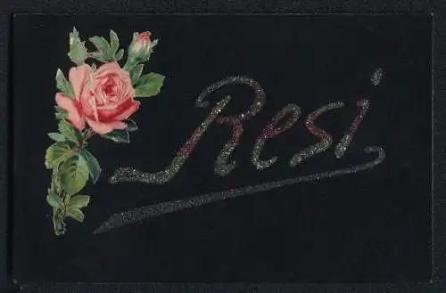 Glitzer-Perl-AK Schriftzug Resi mit bunten Glitzer-Perlen und blühender Rose