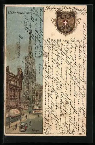 Lithographie Wien, Stephanskirche mit Strassenpartie und Wappen