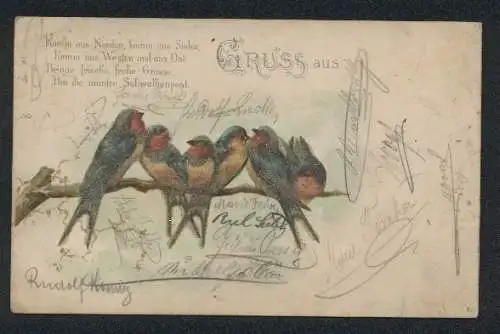 Glitzer-Perl-AK Sechs Schwalben auf einem Ast, mit Glitzer-Perlen