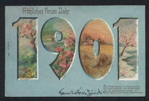 Glitzer-Perl-AK Jahreszeit-Ansichten im Schriftzug 1901, mit Glitzer-Perlen, Neujahrskarte