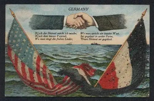 Glitzer-Perl-AK Flagge der USA und Frankreichs mit Glitzer-Perlen