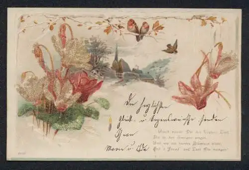 Glitzer-Perl-AK Ortsansicht im Winter, florales Passepartout mit Glitzer-Perlen