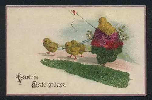 Glitzer-Perl-AK Ein Osterküken auf einem von weiteren Osterküken gezogenen Karren, Osterkarte mit Glitzer-Perlen