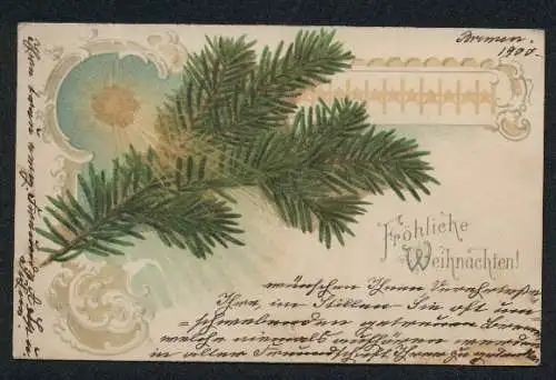 Glitzer-Perl-AK Sonne scheint auf einen Tannenzweig, Weihnachtskarte mit Glitzer-Perlen