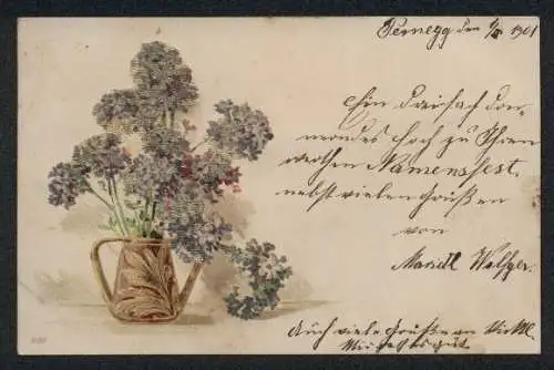 Glitzer-Perl-AK Eine Vase mit einem Strauss von Veilchen, mit Glitzer-Perlen