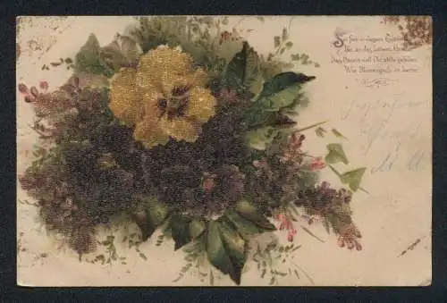 Glitzer-Perl-AK Ein Blumenstrauss mit markanter gelber Blume, mit Glitzer-Perlen