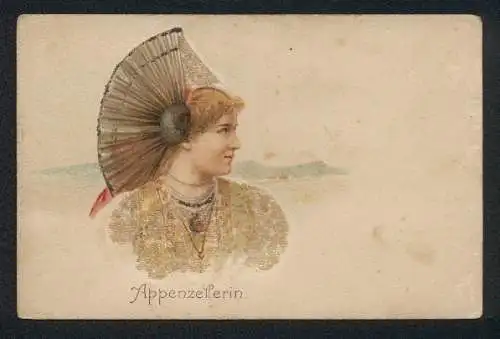 Glitzer-Perl-AK Eine junge Appenzellerin in Tracht, mit Glitzer-Perlen