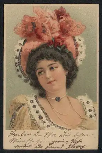 Glitzer-Perl-AK Elegante Dame mit grossem Hut, Jugendstil