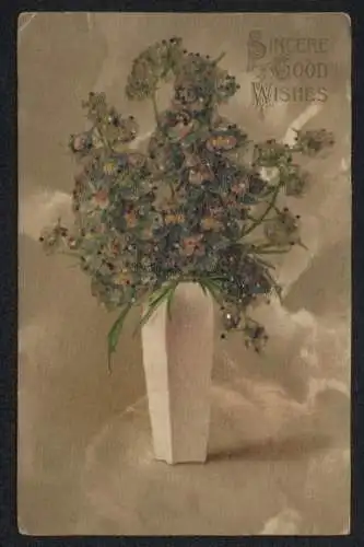 Glitzer-Perl-AK Grusskarte mit Blumenstrauss in einer Vase