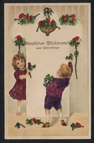 Glitzer-Perl-AK Geburtstagskarte, Kinder dekorieren mit Rosen